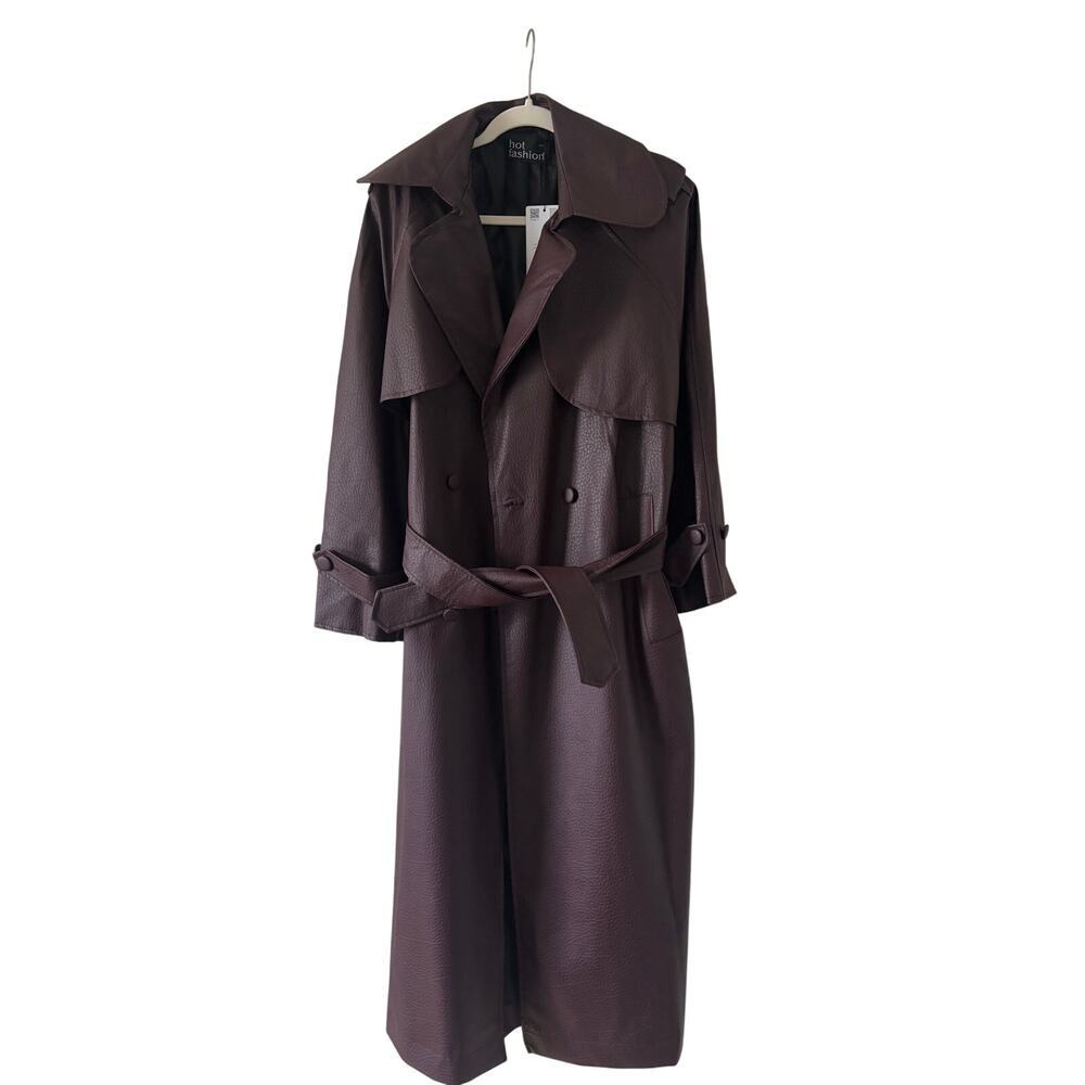 NWT Hot Fashion Burgundy Faux Leather Trench Coat Belted Long Coat One Size - Picture 5 of 11